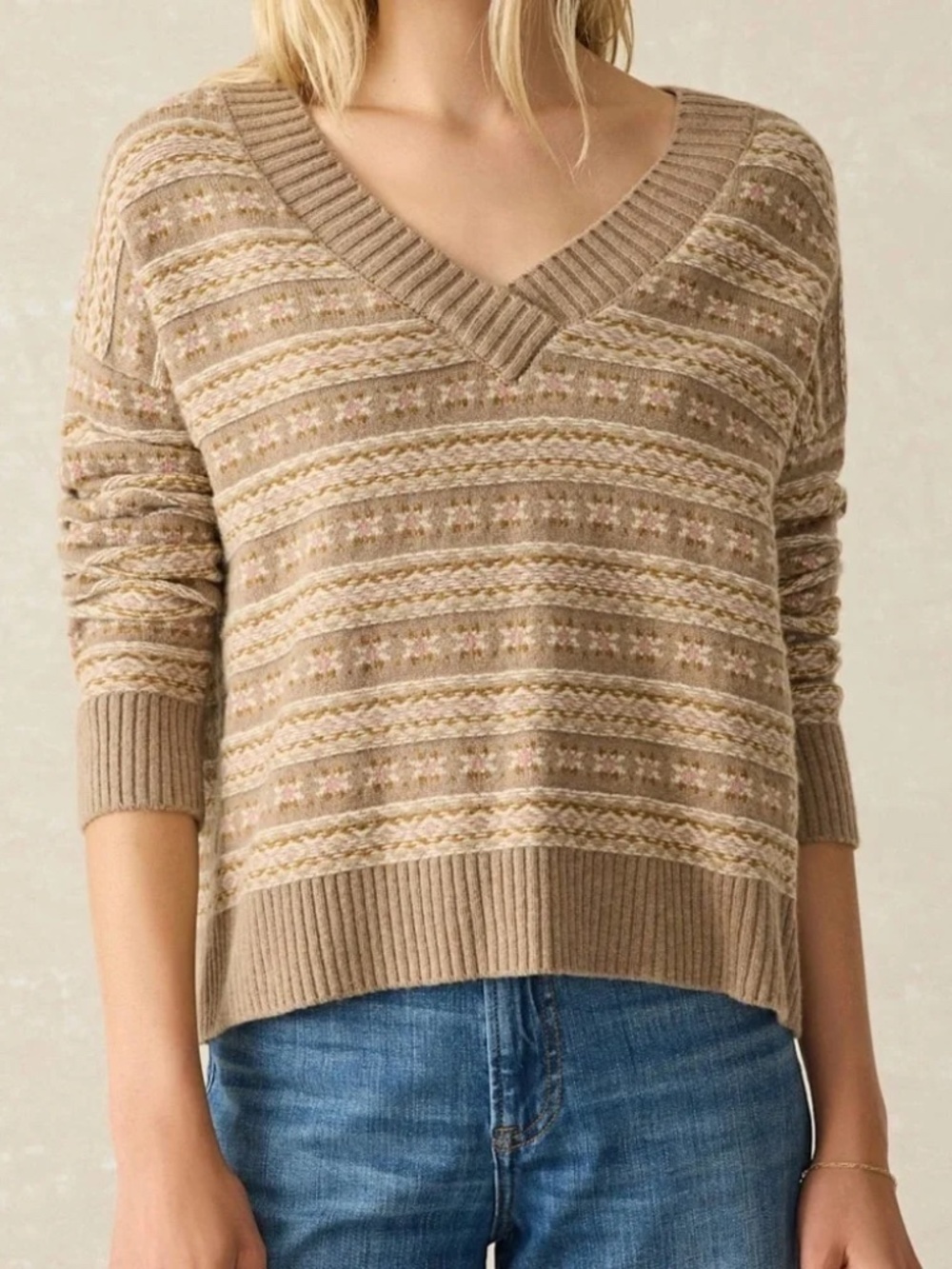 Faherty Highland Fair Isle V-Neck Sweater Sugar Cookie Tan Merino Wool Small